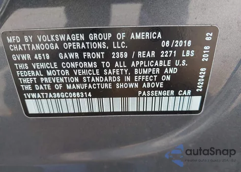 2016 Volkswagen Passat 1.8T R-Line from USA, damaged, VIN 1VWAT7A36GC066314